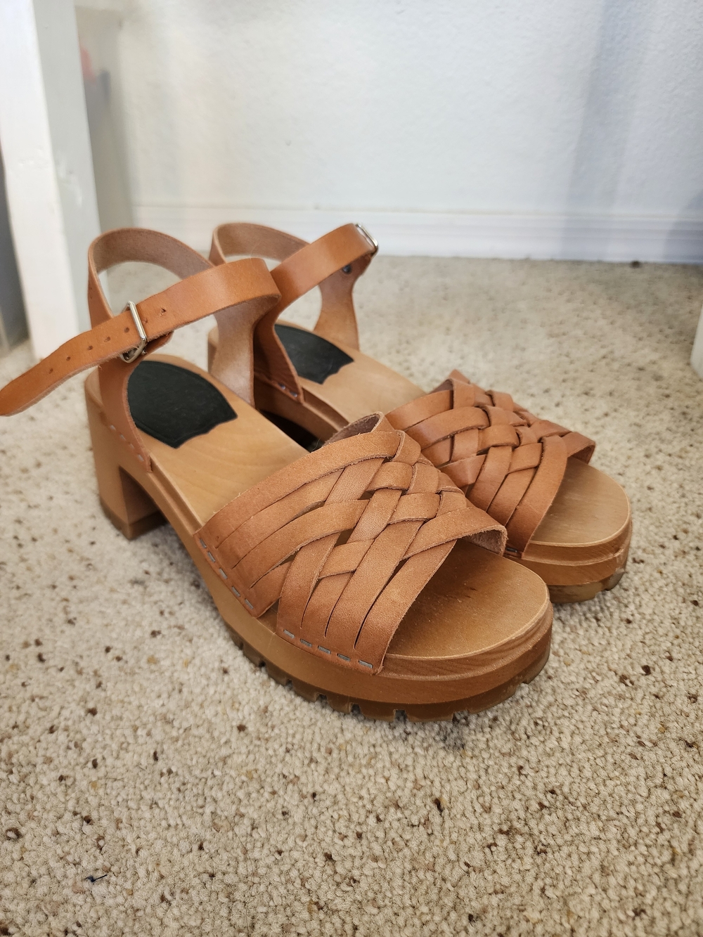 Swedish Hasbeens Braided Leather Clog Sandals Tan Wooden Platform Heel EU 38